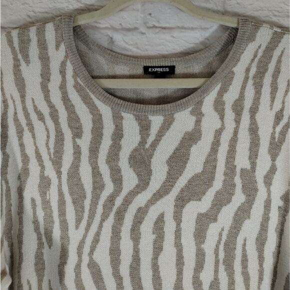 L Express Womens Cream Taupe Zebra Print Curvy Long Sleeve Midi Sweater Dress L - Picture 2 of 15